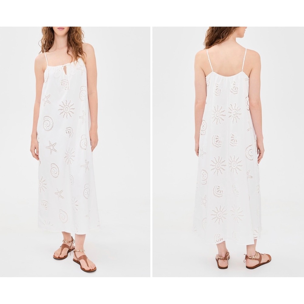 Kourt Genevieve White Eyelet Sea Life Midi Dress XS Sun Starfish Shells White
